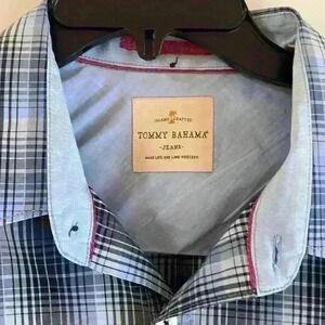 Tommy Bahama Jeans Button Down Plaid Shirt Size Large, Grey/Navy blue plaid